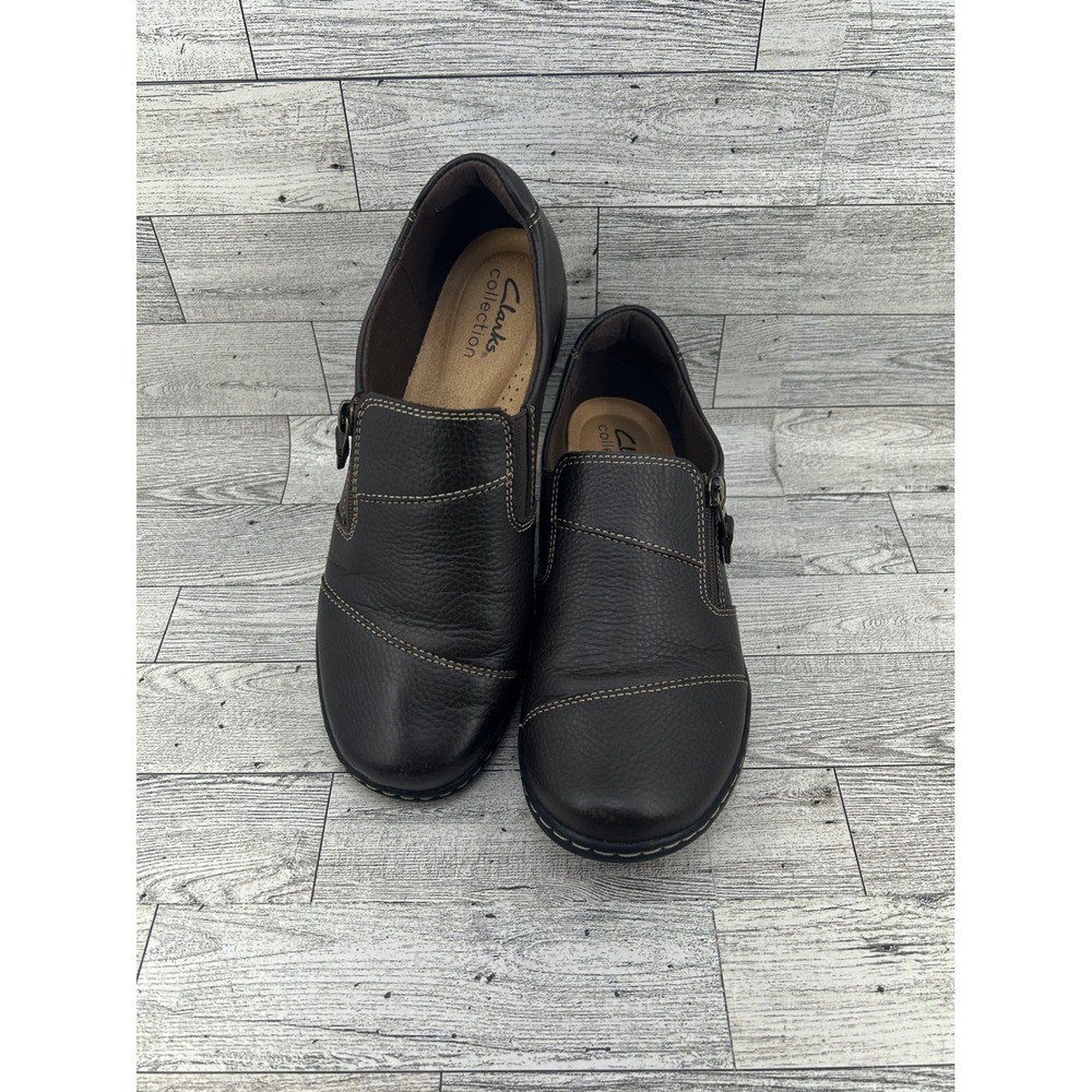 Clarks Collection Womens Brown Leather Zip Side Slip On Loafer Shoes Size 7M